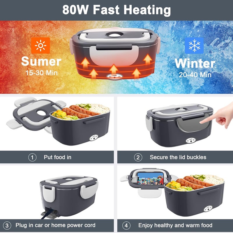 HOLDRUBY Electric Heated Lunch Boxes Adults: 80W Electric Lunch Box Food Heated 12/24/110V 1.5L Heatable Lunch Box for Car/Truck/Office Leak-Proof Stainless Steel Container, Fork & Spoon, Bag (Dark Grey) - Image 4